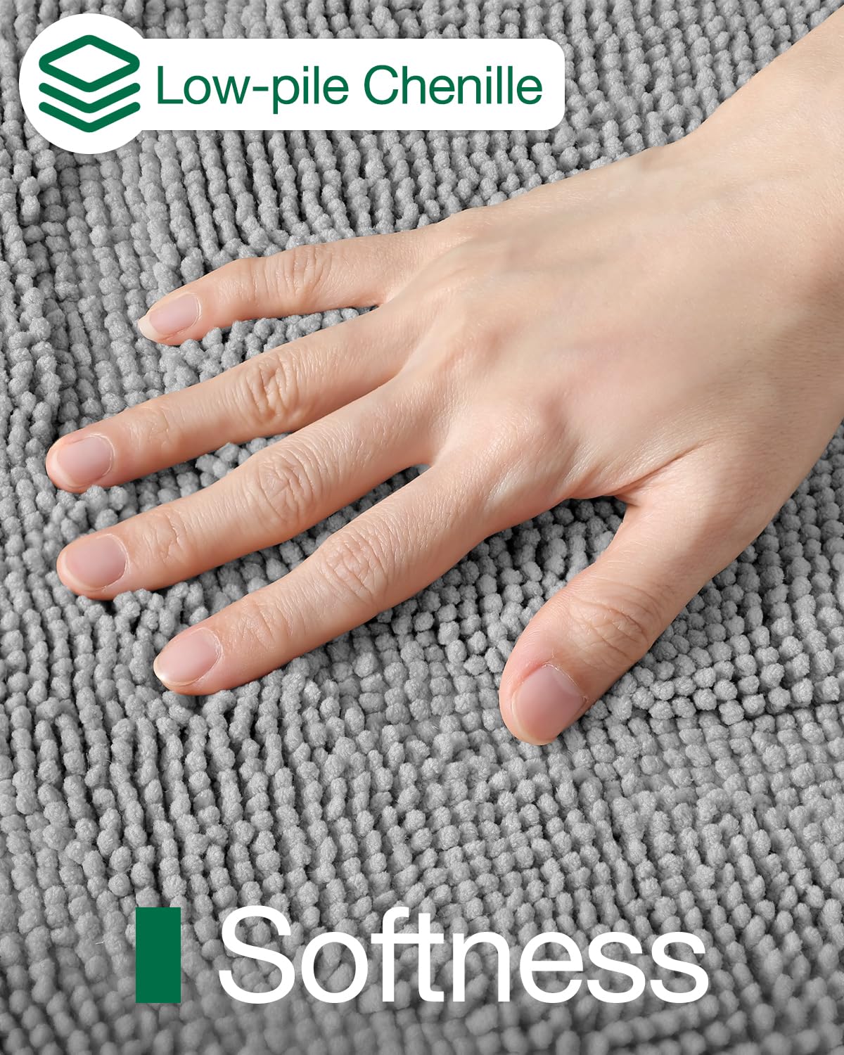 LUMI Bath Mat Non Slip Rubber Backing, Machine Washable Bathroom Rug Soft Premium Chenille Microfiber, Low Pile Bath Rugs Quick Dry for Bathtub and Shower Floor, 20"x32", Grey - Image 4