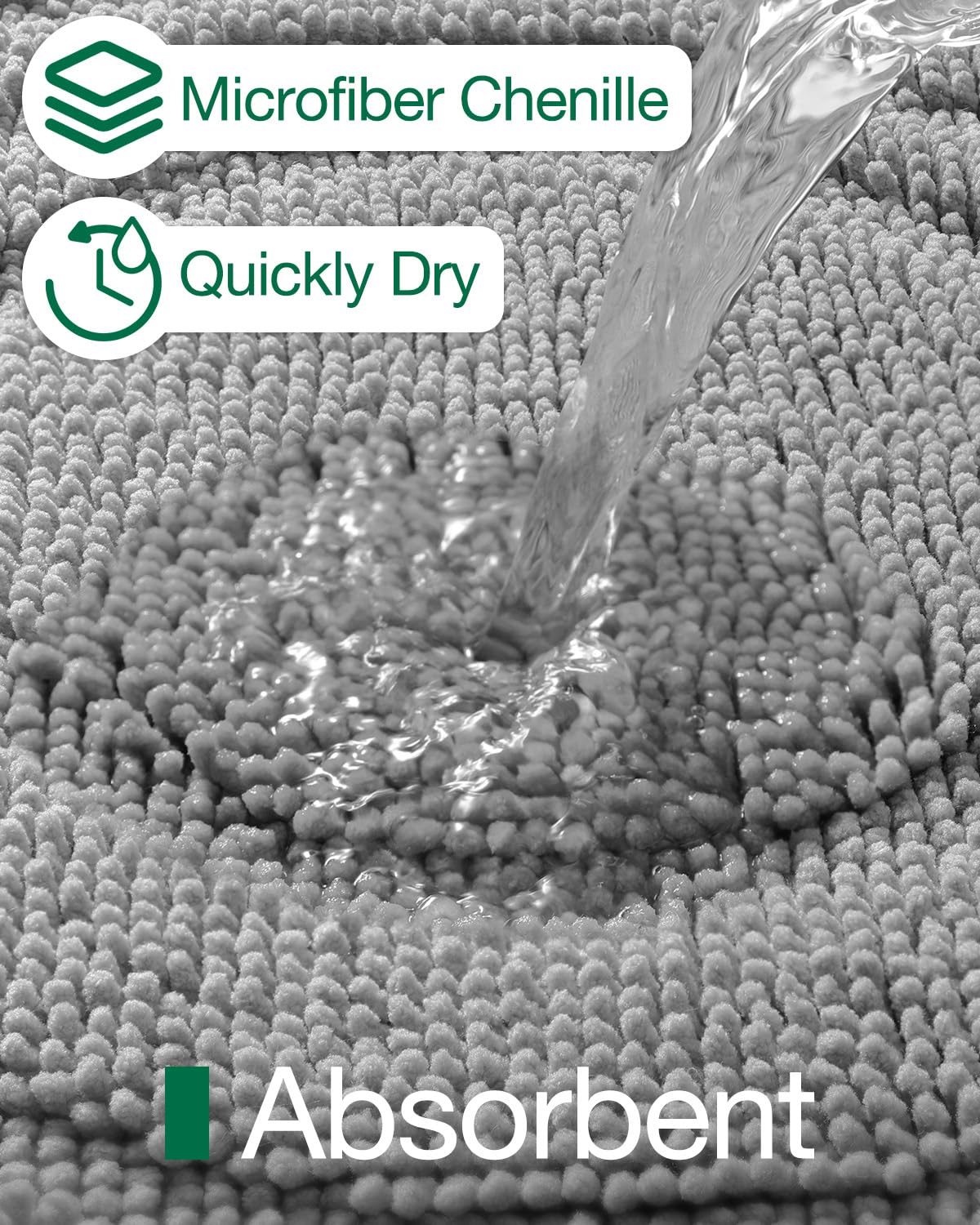 LUMI Bath Mat Non Slip Rubber Backing, Machine Washable Bathroom Rug Soft Premium Chenille Microfiber, Low Pile Bath Rugs Quick Dry for Bathtub and Shower Floor, 20"x32", Grey - Image 5