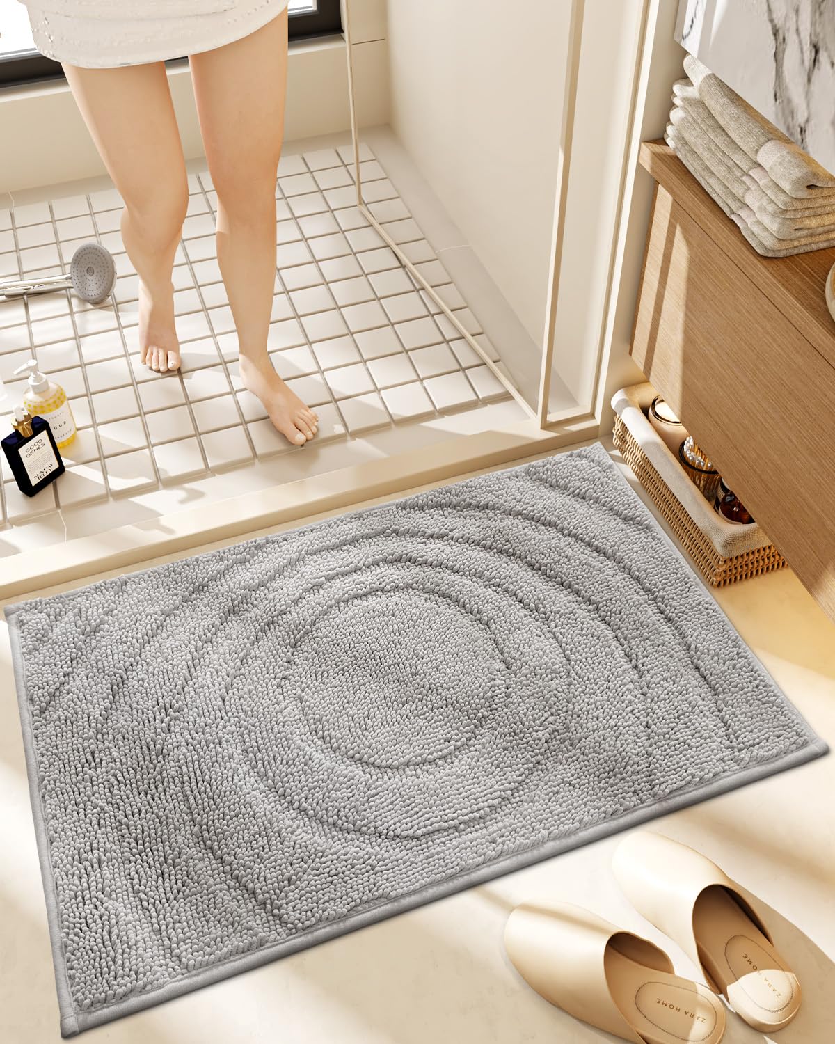 LUMI Bath Mat Non Slip Rubber Backing, Machine Washable Bathroom Rug Soft Premium Chenille Microfiber, Low Pile Bath Rugs Quick Dry for Bathtub and Shower Floor, 20"x32", Grey - Image 8