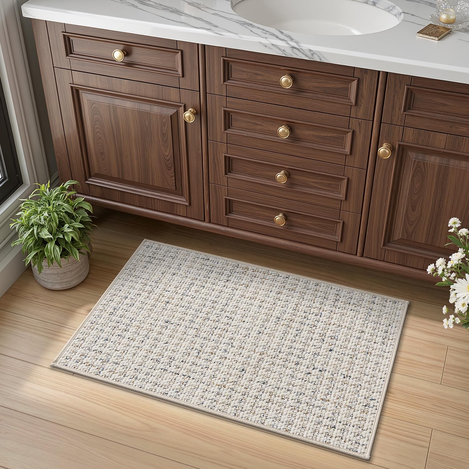 LUMI Bathroom Rugs, 16"x24" Ultra Thin Non Slip Absorbent Bath Mat, Low Pile Washable Microfiber Bath Rug for Bathtub, Shower, Bathroom Floor, Sink, Home Decor Accessories, Beige - Image 7