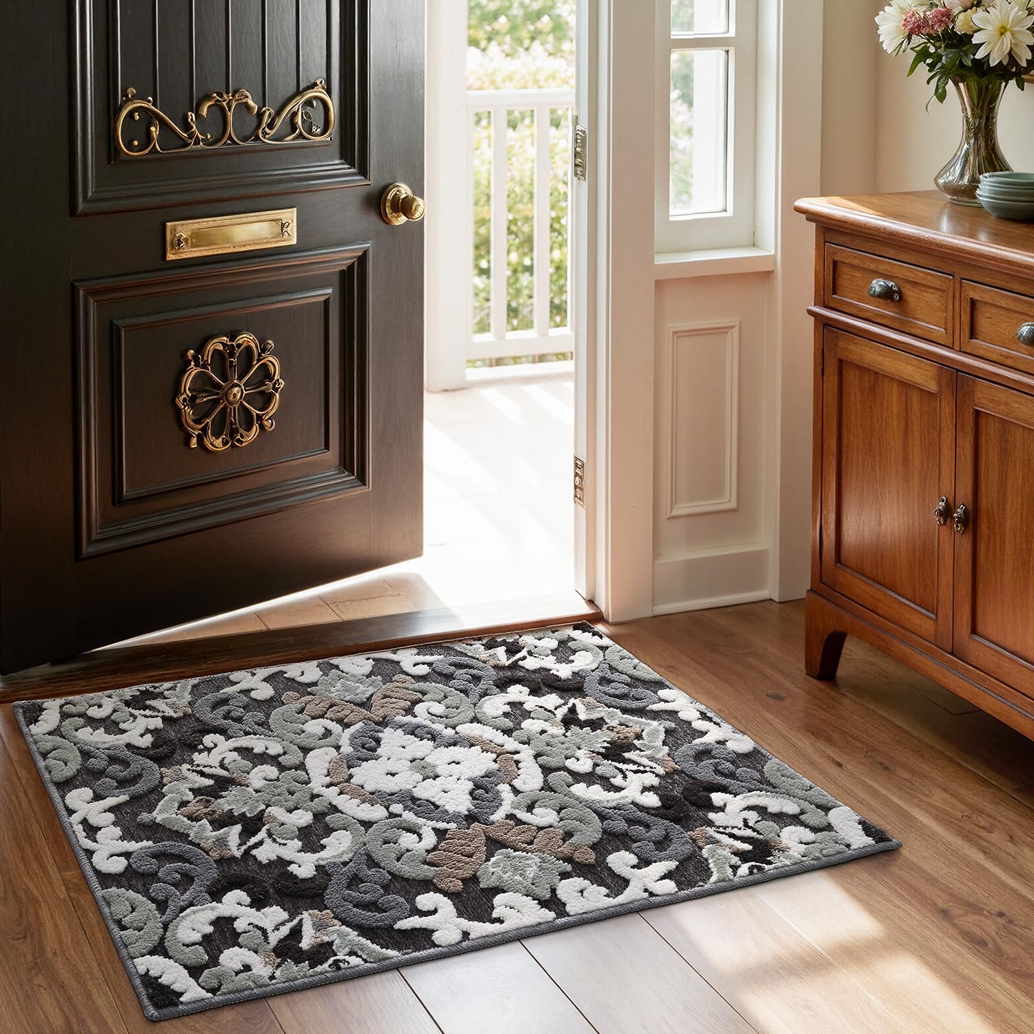 LUMI Indoor Door Mat for Entrance 17x30, Luxury Front Doormat with Non-Slip Latex Rubber Backing, Soft Washable Dirt Trapper, Flower Bliss (Folded Package) - Image 3