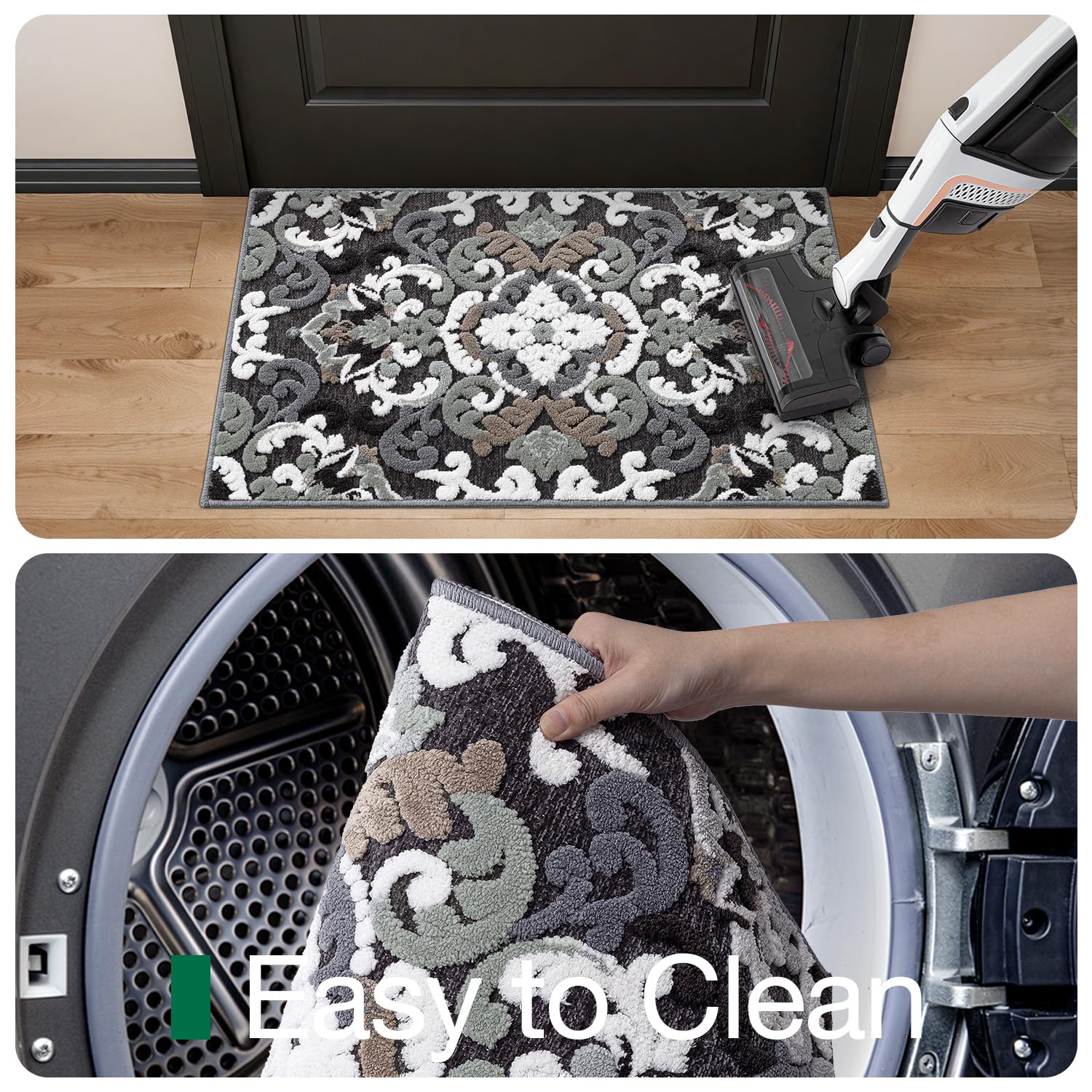 LUMI Indoor Door Mat for Entrance 17x30, Luxury Front Doormat with Non-Slip Latex Rubber Backing, Soft Washable Dirt Trapper, Flower Bliss (Folded Package) - Image 8