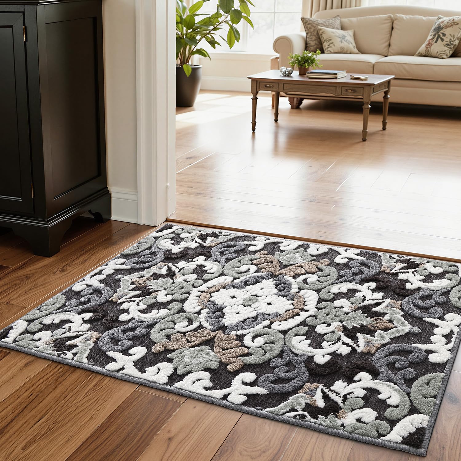 LUMI Indoor Door Mat for Entrance 17x30, Luxury Front Doormat with Non-Slip Latex Rubber Backing, Soft Washable Dirt Trapper, Flower Bliss (Folded Package) - Image 9