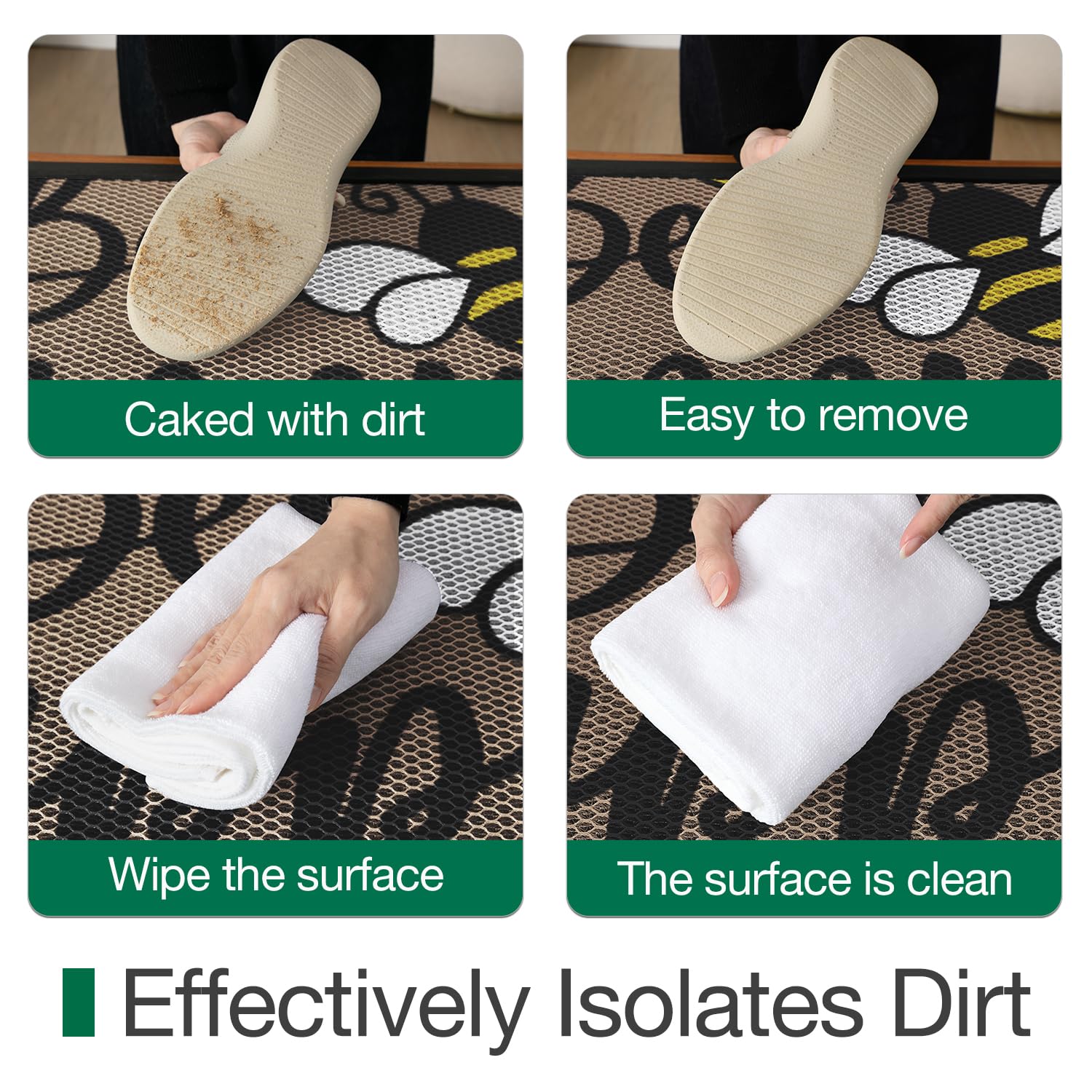 LUMI Outside Welcome Door Mat 17x30, Non Slip Durable Rubber Entrance Doormat, Low Profile Easy Clean Mats for Front Back Door Entryway Porch Garage, Bee Happy - Image 6