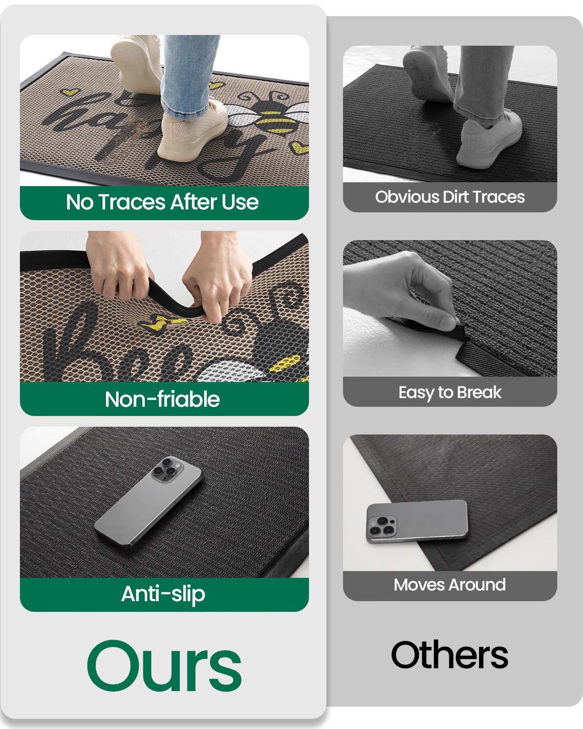 LUMI Outside Welcome Door Mat 17x30, Non Slip Durable Rubber Entrance Doormat, Low Profile Easy Clean Mats for Front Back Door Entryway Porch Garage, Bee Happy - Image 7