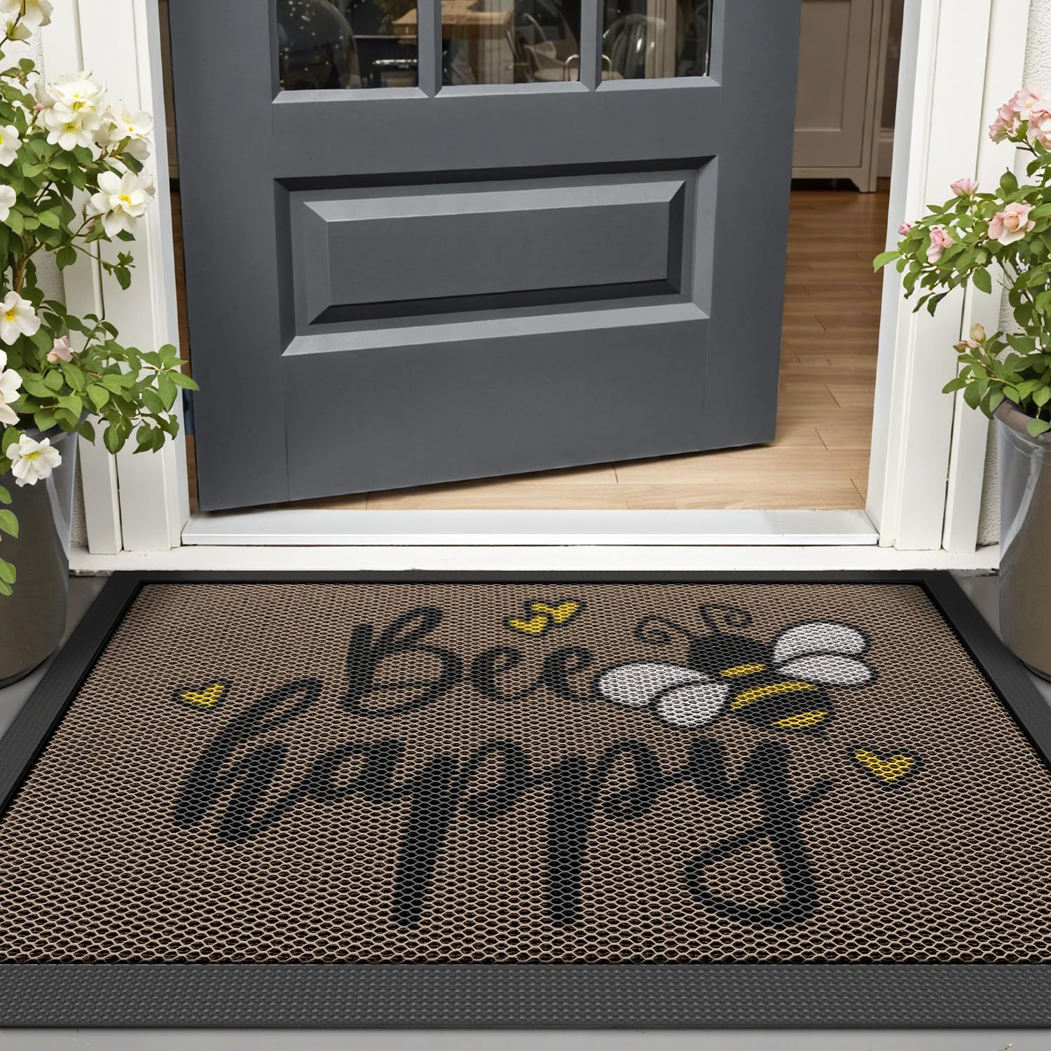 LUMI Outside Welcome Door Mat 17x30, Non Slip Durable Rubber Entrance Doormat, Low Profile Easy Clean Mats for Front Back Door Entryway Porch Garage, Bee Happy - Image 9