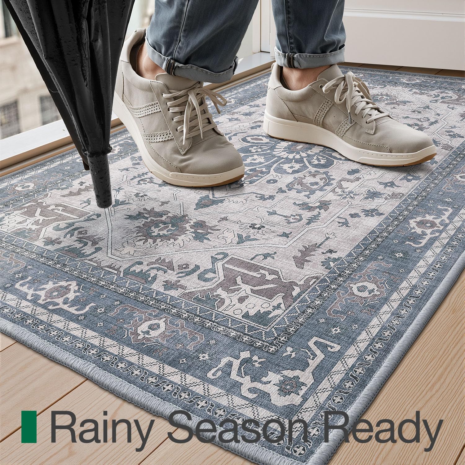 LUMI Retro Thin Door Mat, 18"x30" Washable Indoor Doormat, Non Slip Absorbent Entrance Rug, Welcome Mats Entryway Rug Doormats for Front Door Kitchen Patio, Mist Blue - Image 4